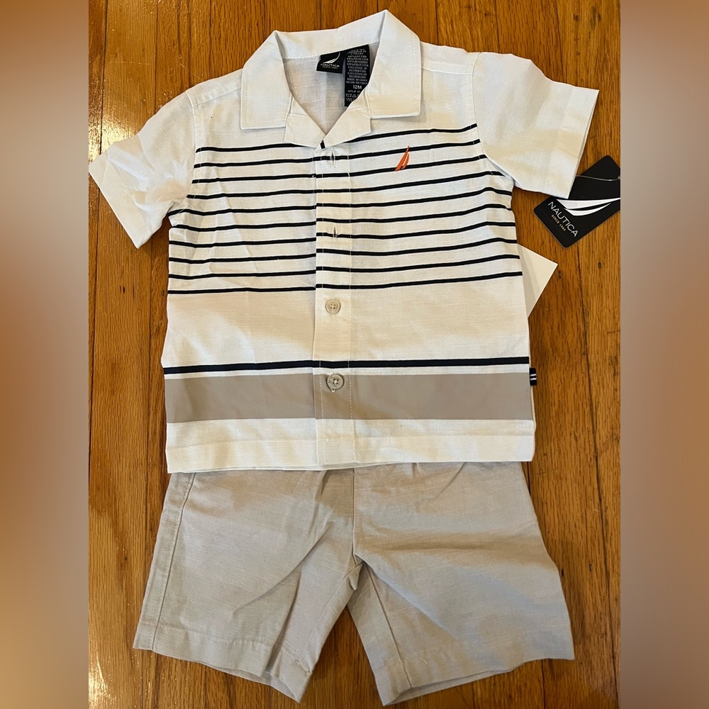 NWT- Boys 12 months Nautica button down shirt and tan shorts outfit